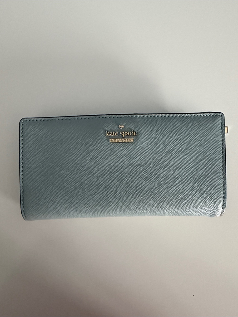 kate spade Powder Blue Saffiano Zip Wallet with Gold Logo